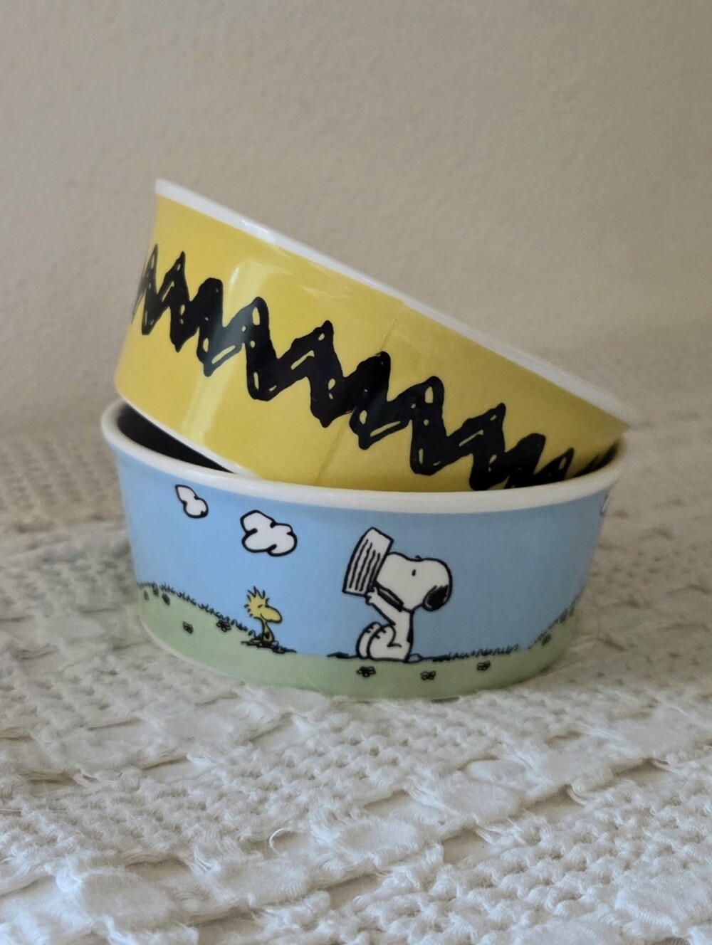 Peanuts Charlie Brown and Snoopy Blue Yellow Ceramic Pet Bowl Dishes Set